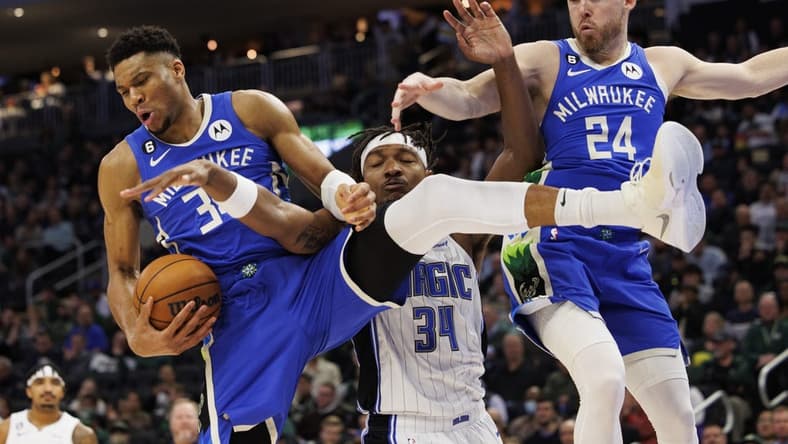 Mar 1, 2023; Milwaukee, Wisconsin, USA; Milwaukee Bucks forward Giannis Antetokounmpo (34) grabs a rebound during the third quarter against the Orlando Magic at Fiserv Forum. Mandatory Credit: Jeff Hanisch-USA TODAY Sports