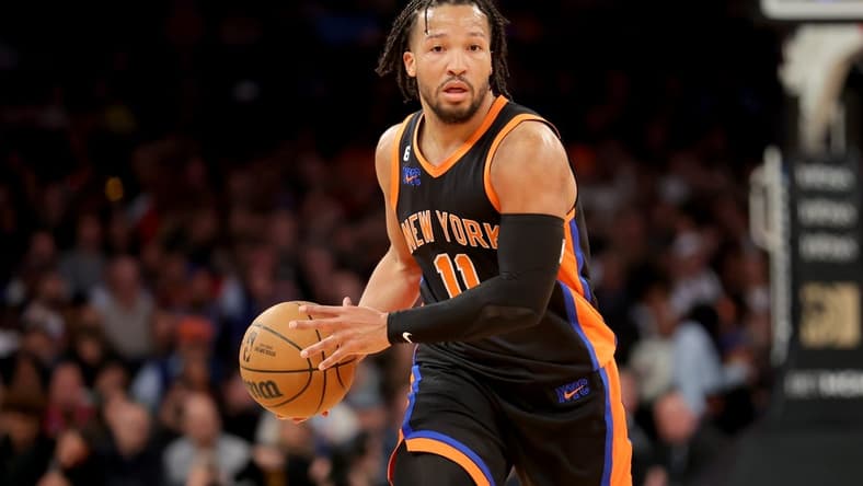Mar 1, 2023; New York, New York, USA; New York Knicks guard Jalen Brunson (11) brings the ball up court against the Brooklyn Nets during the third quarter at Madison Square Garden. Mandatory Credit: Brad Penner-USA TODAY Sports