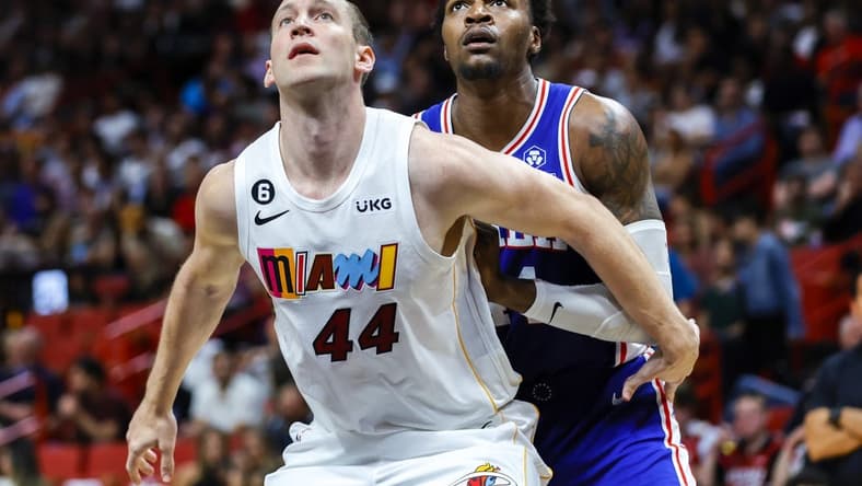 Mar 1, 2023; Miami, Florida, USA; Miami Heat center Cody Zeller (44) guards Philadelphia 76ers forward Paul Reed (44) during the third quarter at Miami-Dade Arena. Mandatory Credit: Sam Navarro-USA TODAY Sports