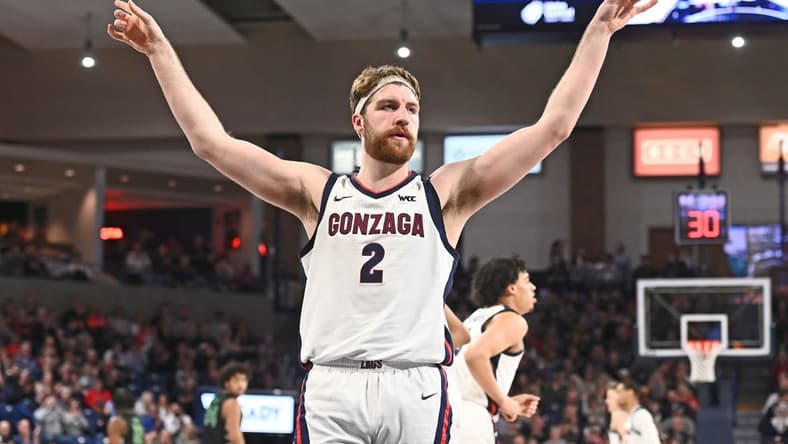 Mar 1, 2023; Spokane, Washington, USA; Gonzaga Bulldogs forward Drew Timme (2) celebrates after a play against the Chicago State Cougars in the second half at McCarthey Athletic Center. Gonzaga won 104-65. Mandatory Credit: James Snook-USA TODAY Sports