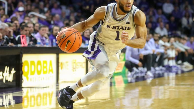 Mar 1, 2023; Manhattan, Kansas, USA; Kansas State Wildcats guard Markquis Nowell (1) dribbles during the first half of a game Oklahoma Sooners at Bramlage Coliseum. Mandatory Credit: Scott Sewell-USA TODAY Sports