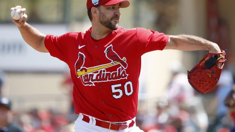Mar 2, 2023; Jupiter, Florida, USA; St. Louis Cardinals starting pitcher Adam Wainwright (50) pitches in the first inning against the Houston Astros at Roger Dean Stadium. Mandatory Credit: Rhona Wise-USA TODAY Sports