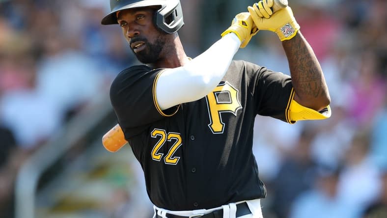 Mar 2, 2023; Bradenton, Florida, USA; Pittsburgh Pirates left fielder Andrew McCutchen (22) steps to the plat against the New York Yankees in the first inning during spring training at LECOM Park. Mandatory Credit: Nathan Ray Seebeck-USA TODAY Sports