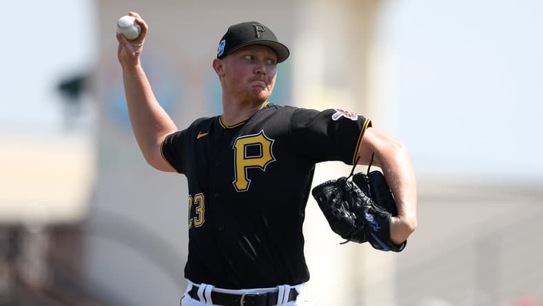 Mar 2, 2023; Bradenton, Florida, USA; Pittsburgh Pirates starting pitcher Mitch Keller (23) throws a pitch against the New York Yankees in the first inning during spring training at LECOM Park. Mandatory Credit: Nathan Ray Seebeck-USA TODAY Sports