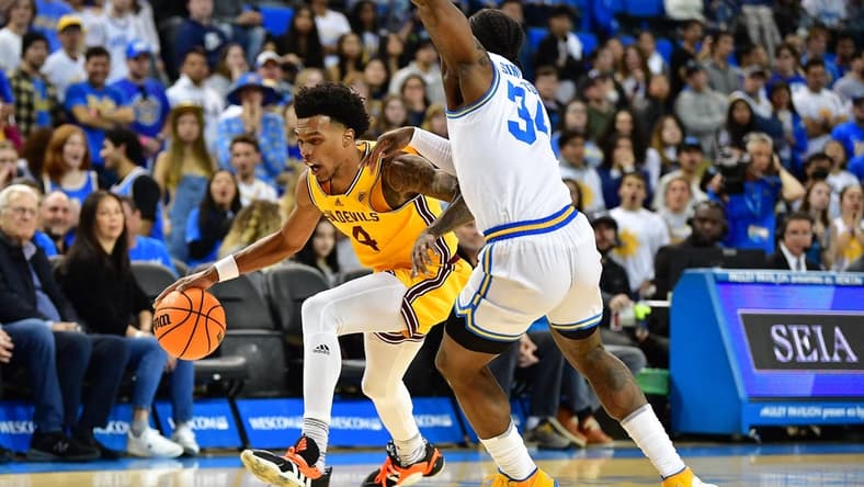 Mar 2, 2023; Los Angeles, California, USA; Arizona State Sun Devils guard Desmond Cambridge Jr. (4) moves to the basket against UCLA Bruins guard David Singleton (34) during the first half at Pauley Pavilion. Mandatory Credit: Gary A. Vasquez-USA TODAY Sports