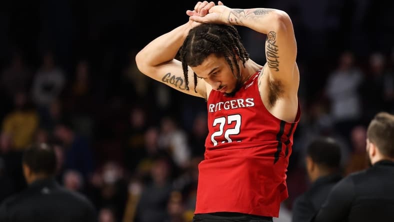 Mar 2, 2023; Minneapolis, Minnesota, USA; Rutgers Scarlet Knights guard Caleb McConnell (22) reacts to the loss against the Minnesota Golden Gophers after the game at Williams Arena. Mandatory Credit: Matt Krohn-USA TODAY Sports