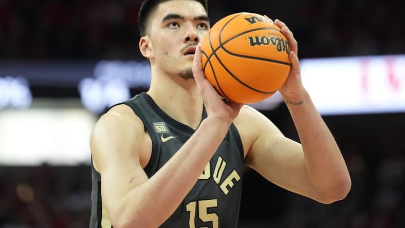 Mar 2, 2023; Madison, Wisconsin, USA; Purdue Boilermakers center Zach Edey (15) shoots a free throw during the first half against the Wisconsin Badgers at the Kohl Center. Mandatory Credit: Kayla Wolf-USA TODAY Sports