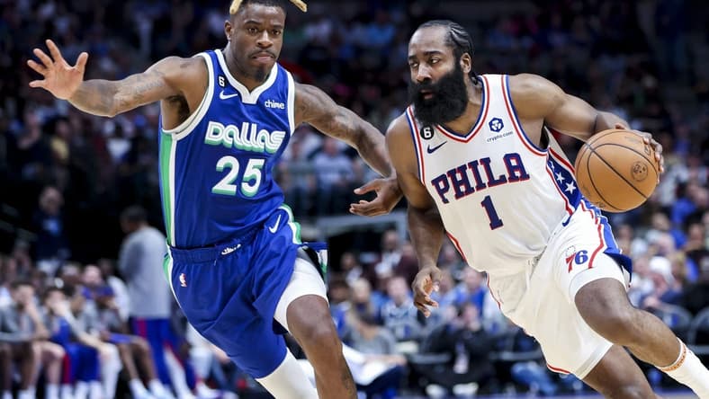 Mar 2, 2023; Dallas, Texas, USA;  Philadelphia 76ers guard James Harden (1) drives to the basket as Dallas Mavericks forward Reggie Bullock (25) defends during the second half at American Airlines Center. Mandatory Credit: Kevin Jairaj-USA TODAY Sports