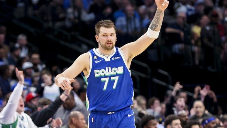 Mar 2, 2023; Dallas, Texas, USA;  Dallas Mavericks guard Luka Doncic (77) reacts during the second half against the Philadelphia 76ers at American Airlines Center. Mandatory Credit: Kevin Jairaj-USA TODAY Sports