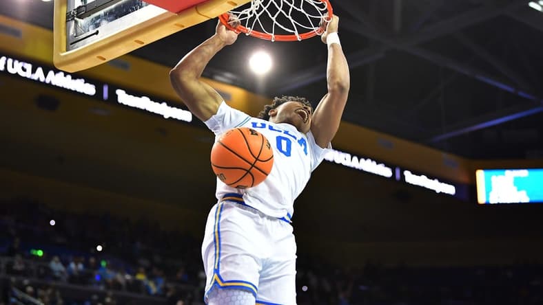 Mar 2, 2023; Los Angeles, California, USA; UCLA Bruins guard Jaylen Clark (0) dunks for the basket against the Arizona State Sun Devils during the second half at Pauley Pavilion. Mandatory Credit: Gary A. Vasquez-USA TODAY Sports