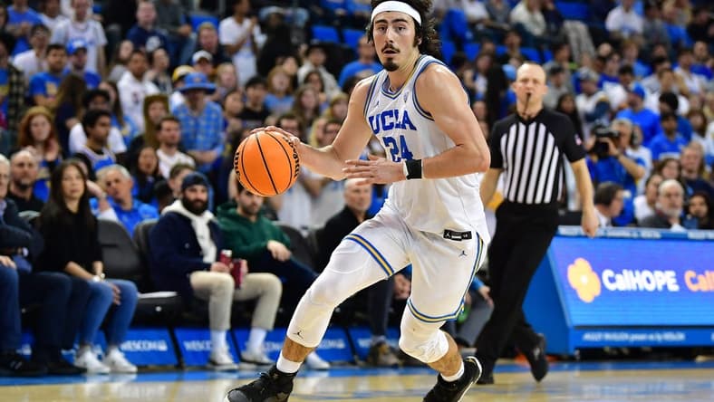 Mar 2, 2023; Los Angeles, California, USA; UCLA Bruins guard Jaime Jaquez Jr. (24) moves to the basket against the Arizona State Sun Devils during the second half at Pauley Pavilion. Mandatory Credit: Gary A. Vasquez-USA TODAY Sports