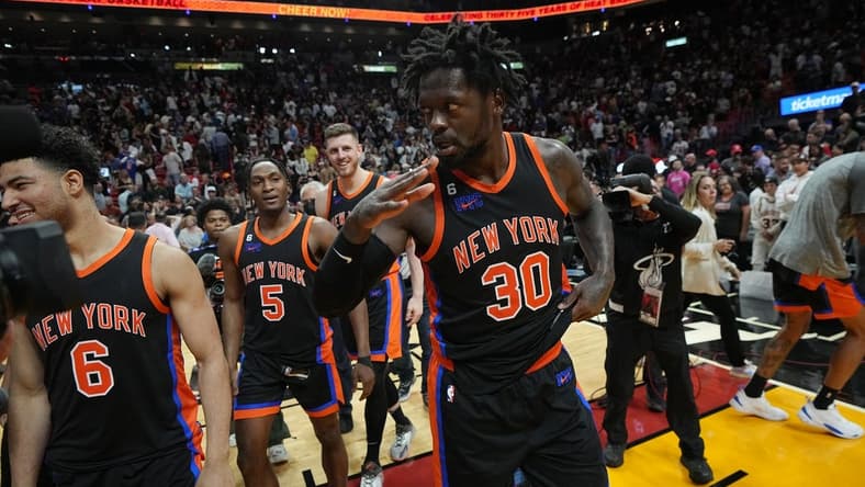 Mar 3, 2023; Miami, Florida, USA;  New York Knicks forward Julius Randle (30) salutes the victory over the Miami Heat after his last second shot gave the Knicks the win at Miami-Dade Arena. Mandatory Credit: Jim Rassol-USA TODAY Sports