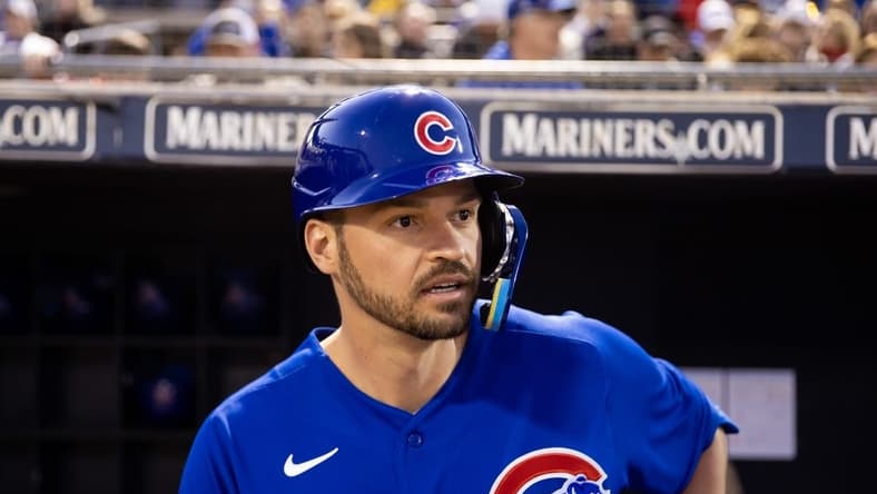 Mar 3, 2023; Peoria, Arizona, USA; Chicago Cubs designated hitter Trey Mancini against the San Diego Padres during a spring training game at Peoria Sports Complex. Mandatory Credit: Mark J. Rebilas-USA TODAY Sports
