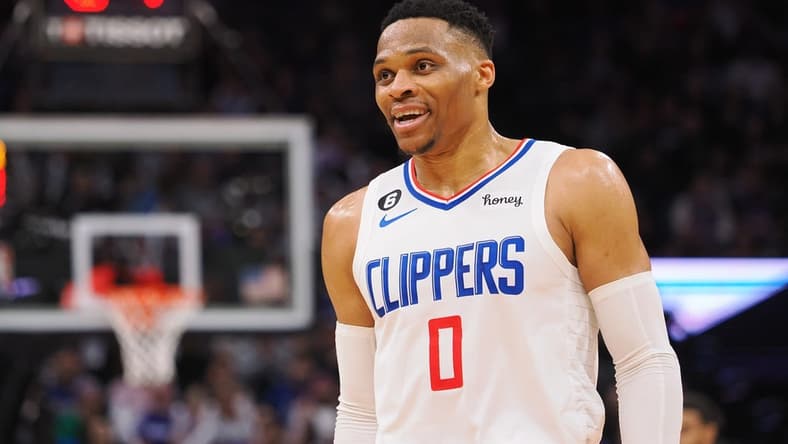 Mar 3, 2023; Sacramento, California, USA; Los Angeles Clippers point guard Russell Westbrook (0) calls for the coaching staff to challenge a call against the Sacramento Kings during the third quarter at Golden 1 Center. Mandatory Credit: Kelley L Cox-USA TODAY Sports