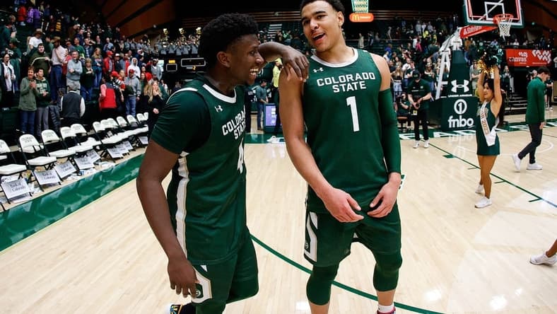 Mar 3, 2023; Fort Collins, Colorado, USA; Colorado State Rams guard Isaiah Stevens (4) and guard John Tonje (1) after the game against the New Mexico Lobos at Moby Arena. Mandatory Credit: Isaiah J. Downing-USA TODAY Sports