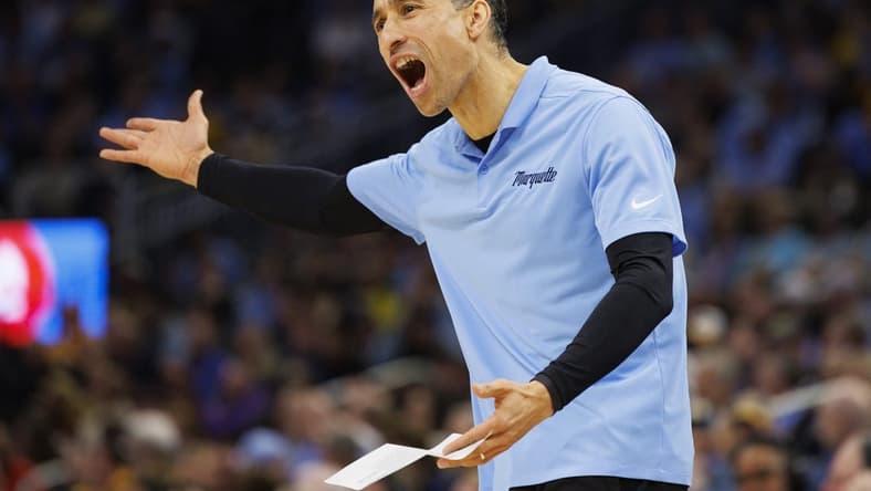 Mar 4, 2023; Milwaukee, Wisconsin, USA;  Marquette Golden Eagles head coach Shaka Smart calls out during the first half against the St. John's Red Storm at Fiserv Forum. Mandatory Credit: Jeff Hanisch-USA TODAY Sports