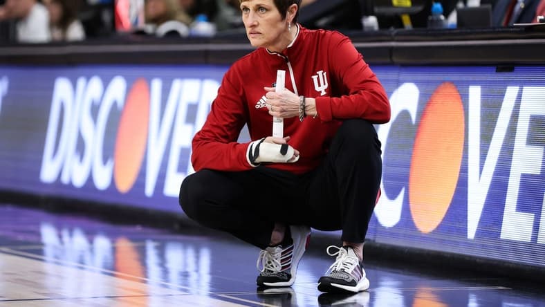 Mar 4, 2023; Minneapolis, MINN, USA; Indiana Hoosiers head coach Teri Moren looks on during the first half against the Ohio State Buckeyes at Target Center. Mandatory Credit: Matt Krohn-USA TODAY Sports
