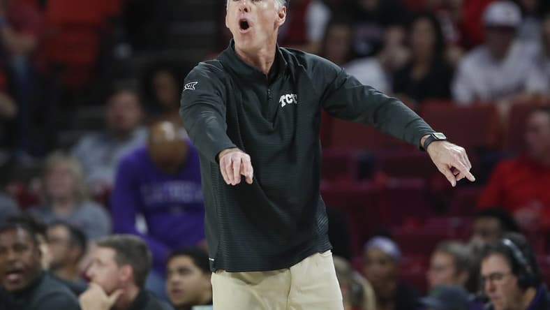 Mar 4, 2023; Norman, Oklahoma, USA; TCU Horned Frogs head coach Jamie Dixon gestures to his team on a play against the Oklahoma Sooners during the first half at Lloyd Noble Center. Mandatory Credit: Alonzo Adams-USA TODAY Sports