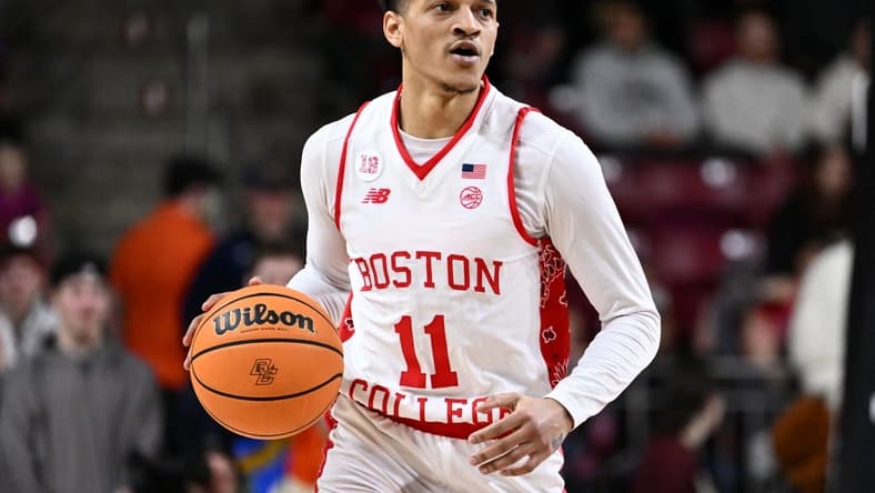 Mar 4, 2023; Chestnut Hill, Massachusetts, USA; Boston College Eagles guard Makai Ashton-Langford (11) dribbles the ball during the second half of a game against the Georgia Tech Yellow Jackets at the Conte Forum. Mandatory Credit: Brian Fluharty-USA TODAY Sports