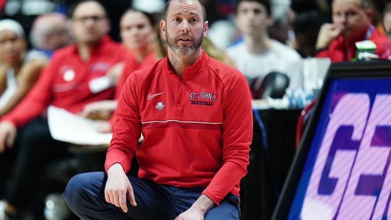 Mar 4, 2023; Uncasville, CT, USA; St. John's Red Storm head coach Joe Tartamella watches from the sideline as they take on the Marquette Golden Eagles at Mohegan Sun Arena. Mandatory Credit: David Butler II-USA TODAY Sports