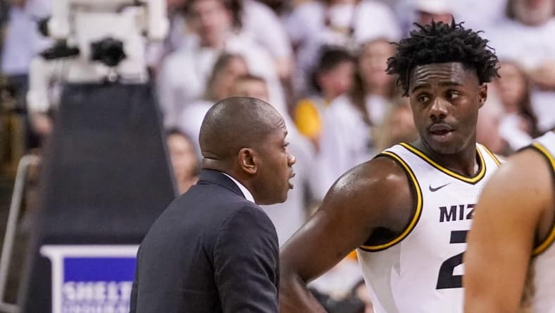 Mar 4, 2023; Columbia, Missouri, USA; Missouri Tigers head coach Dennis Gates talks with guard Kobe Brown (24) against the Mississippi Rebels during the second half at Mizzou Arena. Mandatory Credit: Denny Medley-USA TODAY Sports