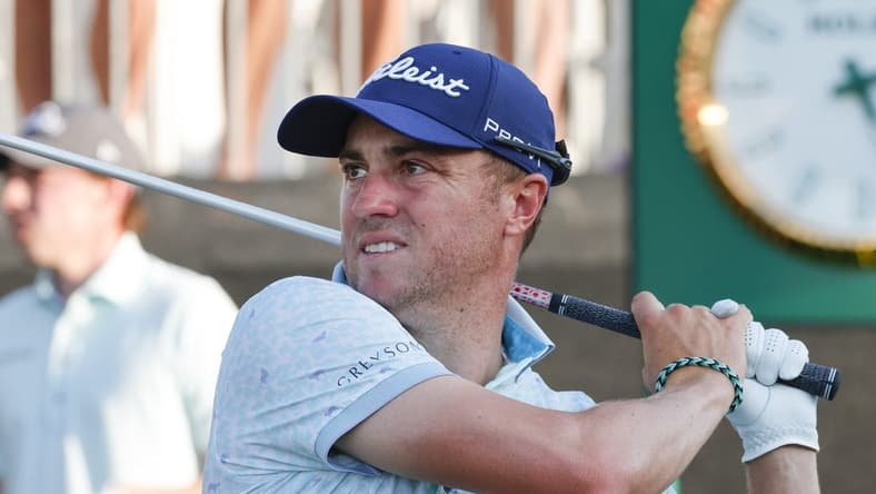 Mar 4, 2023; Orlando, Florida, USA; Justin Thomas reacts after hitting on the 18th hole during the third round of the Arnold Palmer Invitational golf tournament. Mandatory Credit: Reinhold Matay-USA TODAY Sports