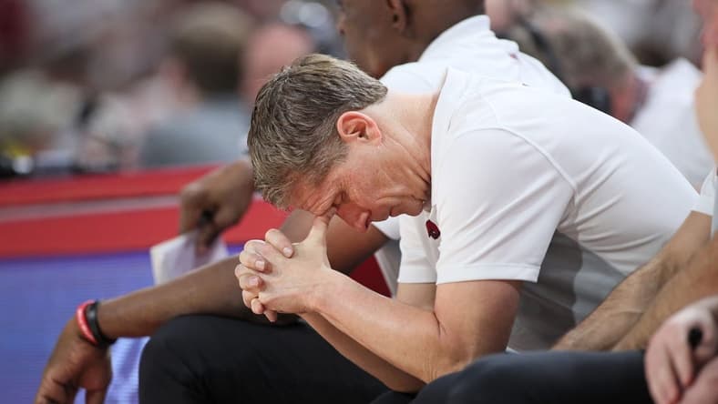 Mar 4, 2023; Fayetteville, Arkansas, USA; Arkansas Razorbacks head coach Eric Musselman during the second half against the Kentucky Wildcats at Bud Walton Arena. Kentucky won 88-79. Mandatory Credit: Nelson Chenault-USA TODAY Sports