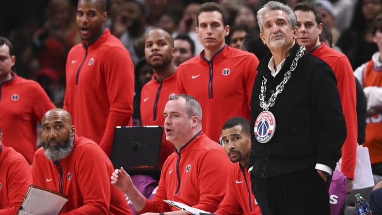 Mar 4, 2023; Washington, District of Columbia, USA;  Washington Wizards owner Ted Leonsis wears a chain with the team logo on the sidelines during the second half of the game against the Toronto Raptors   at Capital One Arena. Mandatory Credit: Tommy Gilligan-USA TODAY Sports