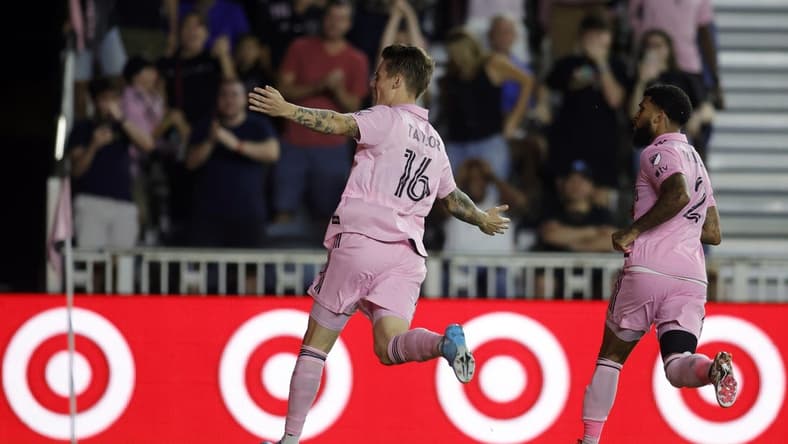 Mar 4, 2023; Fort Lauderdale, Florida, USA;  Inter Miami CF midfielder Robert Taylor (16) celebrates after scoring a goal against the Philadelphia Union in the second half at DRV PNK Stadium. Mandatory Credit: Sam Navarro-USA TODAY Sports