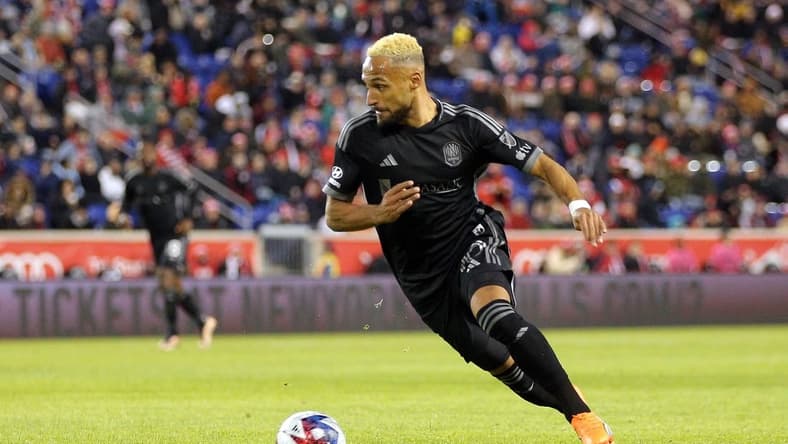 Mar 4, 2023; Harrison, New Jersey, USA; Nashville SC midfielder Hany Mukhtar (10) dribbles against the New York Red Bulls during the second half at Red Bull Arena. Mandatory Credit: Brad Penner-USA TODAY Sports