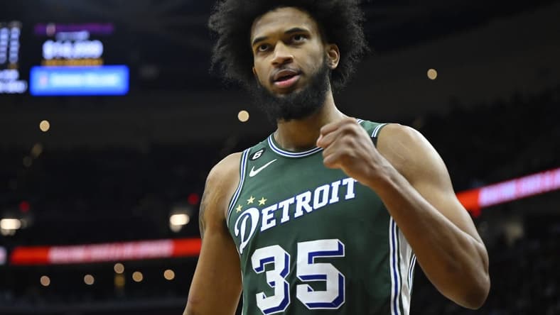Mar 4, 2023; Cleveland, Ohio, USA; Detroit Pistons forward Marvin Bagley III (35) reacts in the fourth quarter against the Cleveland Cavaliers at Rocket Mortgage FieldHouse. Mandatory Credit: David Richard-USA TODAY Sports