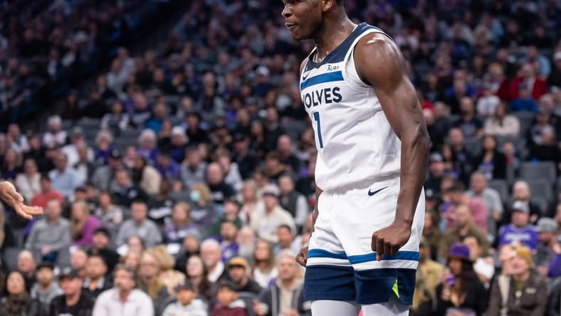 Mar 4, 2023; Sacramento, California, USA; Minnesota Timberwolves guard Anthony Edwards (1) reacts after scoring during the second quarter against the Sacramento Kings at Golden 1 Center. Mandatory Credit: Ed Szczepanski-USA TODAY Sports