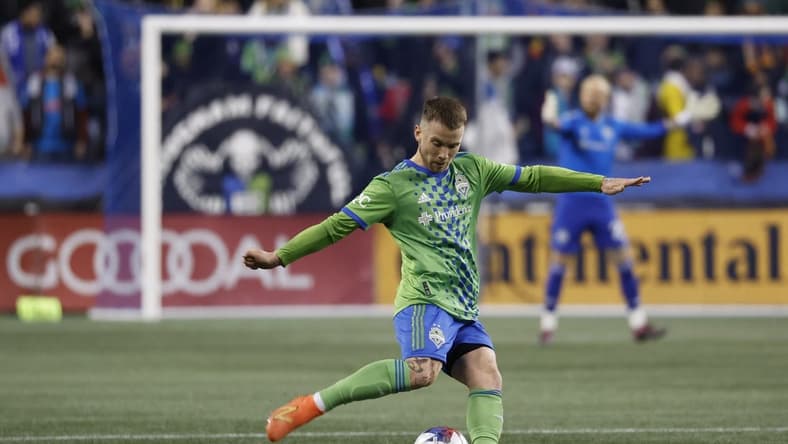 Mar 4, 2023; Seattle, Washington, USA; Seattle Sounders midfielder Albert Rusnak (11) controls the ball against the Real Salt Lake during the game at Lumen Field. Mandatory Credit: Joe Nicholson-USA TODAY Sports