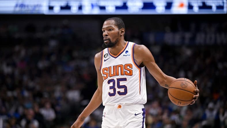 Mar 5, 2023; Dallas, Texas, USA; Phoenix Suns forward Kevin Durant (35) brings the ball up court against the Dallas Mavericks during the first quarter at the American Airlines Center. Mandatory Credit: Jerome Miron-USA TODAY Sports