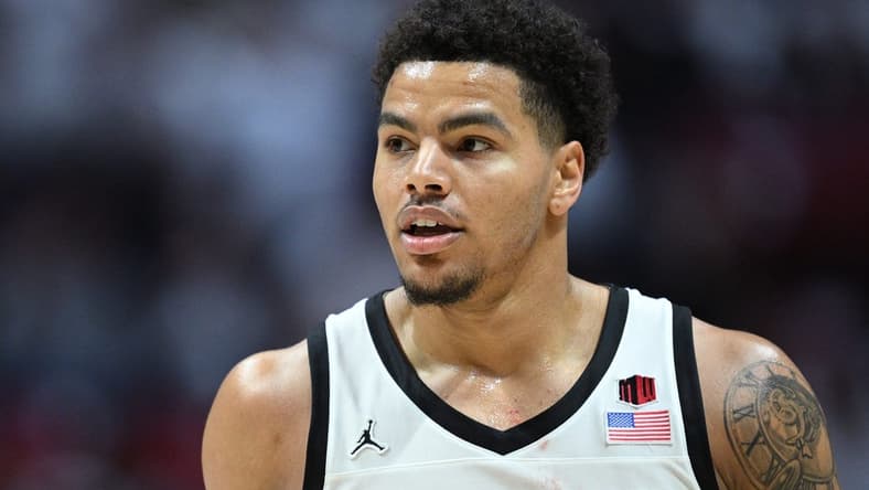 Mar 4, 2023; San Diego, California, USA; San Diego State Aztecs guard Matt Bradley (20) looks on during the second half against the Wyoming Cowboys at Viejas Arena. Mandatory Credit: Orlando Ramirez-USA TODAY Sports