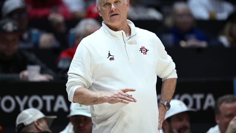 Mar 4, 2023; San Diego, California, USA; San Diego State Aztecs head coach Brian Dutcher looks on during the second half against the Wyoming Cowboys at Viejas Arena. Mandatory Credit: Orlando Ramirez-USA TODAY Sports