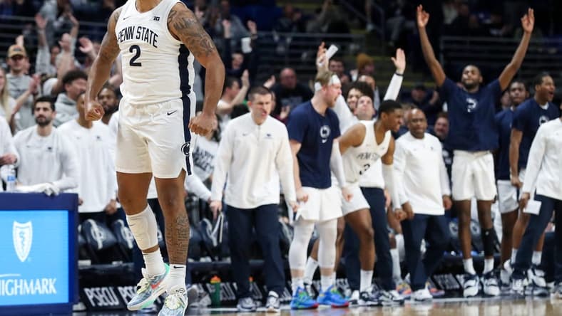 Mar 5, 2023; University Park, Pennsylvania, USA; Penn State Nittany Lions guard/forward Myles Dread (2) reacts after making a three point basket during the second half against the Maryland Terrapins at Bryce Jordan Center. Mandatory Credit: Matthew OHaren-USA TODAY Sports