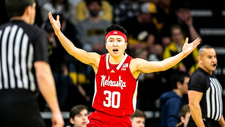 Nebraska guard Keisei Tominaga (30) reacts during a NCAA Big Ten Conference men's basketball game against Iowa, Sunday, March 5, 2023, at Carver-Hawkeye Arena in Iowa City, Iowa.
230305 Nebraska Iowa Mbb 008 Jpg