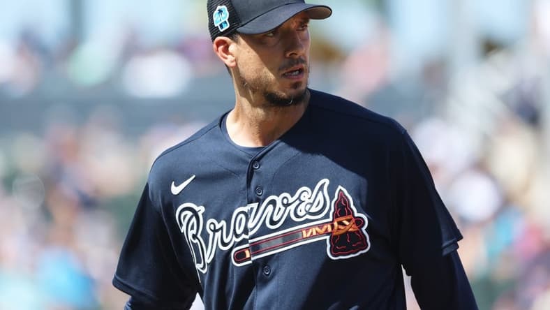 Mar 5, 2023; North Port, Florida, USA; Atlanta Braves starting pitcher Charlie Morton (50) looks on after pitching the second inning against the New York Yankees at CoolToday Park. Mandatory Credit: Kim Klement-USA TODAY Sports