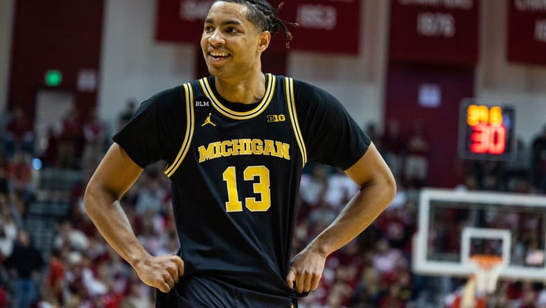 Mar 5, 2023; Bloomington, Indiana, USA; Michigan Wolverines guard Jett Howard (13) in the first half against the Indiana Hoosiers at Simon Skjodt Assembly Hall. Mandatory Credit: Trevor Ruszkowski-USA TODAY Sports