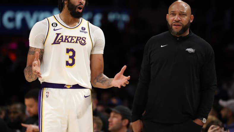 Mar 5, 2023; Los Angeles, California, USA;  Los Angeles Lakers head coach Darvin Ham and forward Anthony Davis (3) talk during the game against the Golden State Warriors at Crypto.com Arena. Mandatory Credit: Kiyoshi Mio-USA TODAY Sports