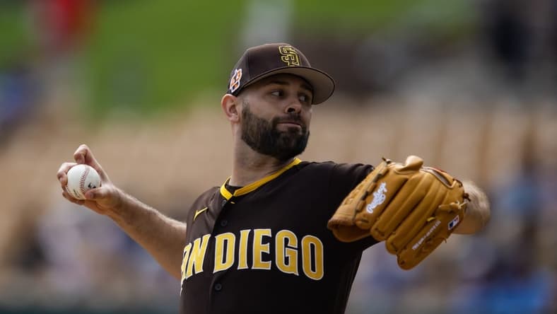 Mar 6, 2023; Phoenix, Arizona, USA; San Diego Padres pitcher Nick Martinez against the Los Angeles Dodgers during a spring training game at Camelback Ranch-Glendale. Mandatory Credit: Mark J. Rebilas-USA TODAY Sports