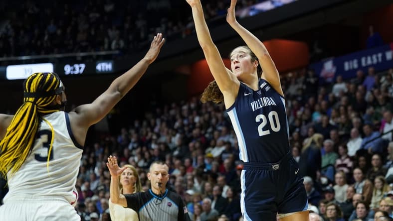Mar 6, 2023; Uncasville, CT, USA; Villanova Wildcats forward Maddy Siegrist (20) shoots against UConn Huskies forward Aaliyah Edwards (3) in the second half at Mohegan Sun Arena. Mandatory Credit: David Butler II-USA TODAY Sports