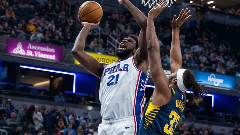 Mar 6, 2023; Indianapolis, Indiana, USA; Philadelphia 76ers center Joel Embiid (21) shoots the ball while Indiana Pacers center Myles Turner (33) defends in the second half at Gainbridge Fieldhouse. Mandatory Credit: Trevor Ruszkowski-USA TODAY Sports