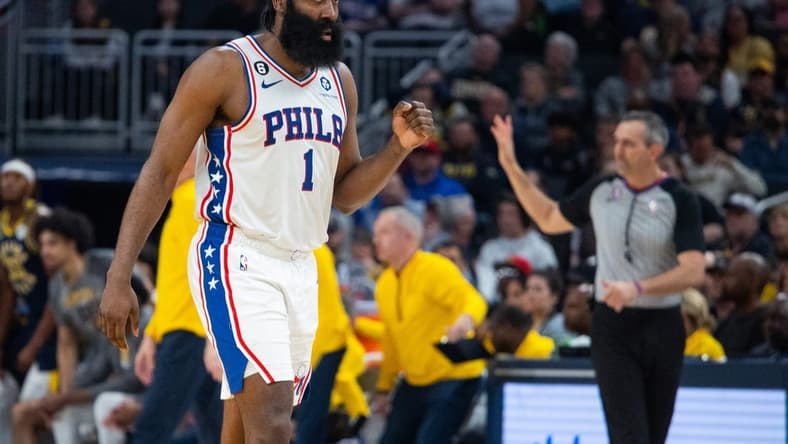 Mar 6, 2023; Indianapolis, Indiana, USA; Philadelphia 76ers guard James Harden (1) in the second half against the Indiana Pacers at Gainbridge Fieldhouse. Mandatory Credit: Trevor Ruszkowski-USA TODAY Sports
