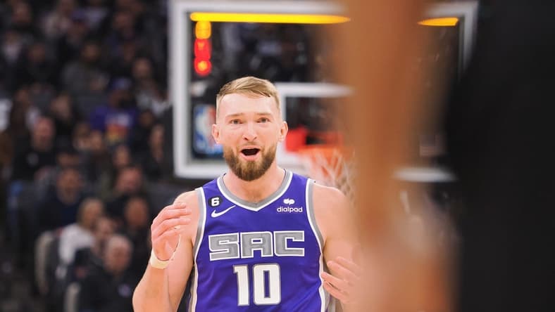 Mar 6, 2023; Sacramento, California, USA; Sacramento Kings power forward Domantas Sabonis (10) questions the no-call from the referee during the first quarter anop at Golden 1 Center. Mandatory Credit: Kelley L Cox-USA TODAY Sports