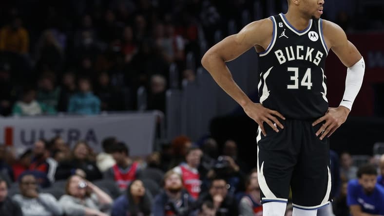 Mar 5, 2023; Washington, District of Columbia, USA; Milwaukee Bucks forward Giannis Antetokounmpo (34) stands on the court against the Washington Wizards at Capital One Arena. Mandatory Credit: Geoff Burke-USA TODAY Sports