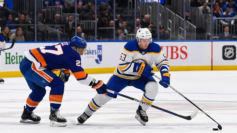 Mar 7, 2023; Elmont, New York, USA; Buffalo Sabres left wing Jeff Skinner (53) skates with the puck defended by New York Islanders left wing Anders Lee (27) during the first period at UBS Arena. Mandatory Credit: Dennis Schneidler-USA TODAY Sports