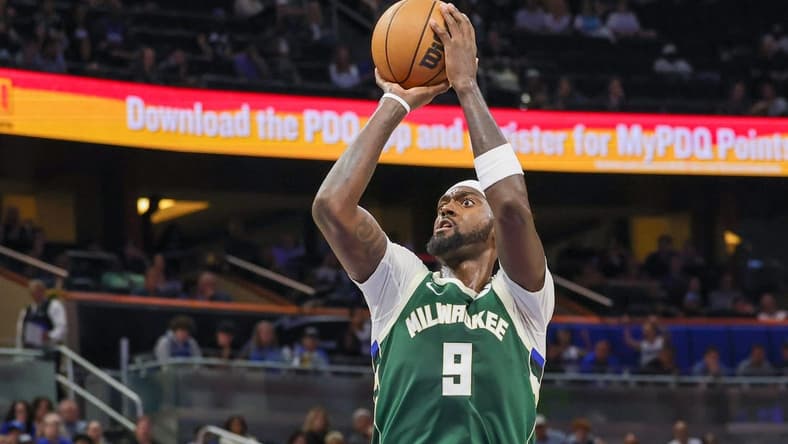 Mar 7, 2023; Orlando, Florida, USA; Milwaukee Bucks forward Bobby Portis (9) shoots the ball during the second half against the Orlando Magic at Amway Center. Mandatory Credit: Mike Watters-USA TODAY Sports