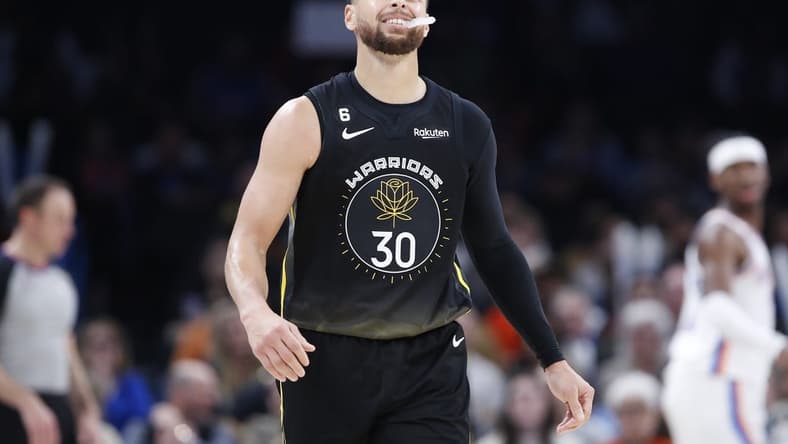Mar 7, 2023; Oklahoma City, Oklahoma, USA; Golden State Warriors guard Stephen Curry (30) reacts after a play against the Oklahoma City Thunder during the second half at Paycom Center. Oklahoma City won 137-128. Mandatory Credit: Alonzo Adams-USA TODAY Sports